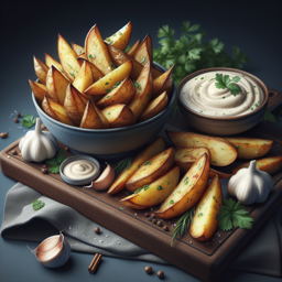 Gebackene Kartoffelspalten mit Knoblauch-Dip