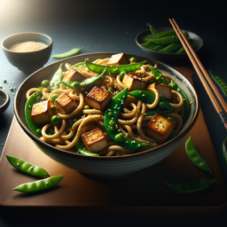 Gebratene Udon-Nudeln mit Tofu und Zuckerschoten