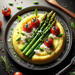 Cremige Polenta mit grünem Spargel und Kirschtomaten