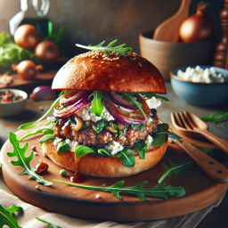 Ziegenkäse-Burger mit karamellisierten Zwiebeln und Rucola